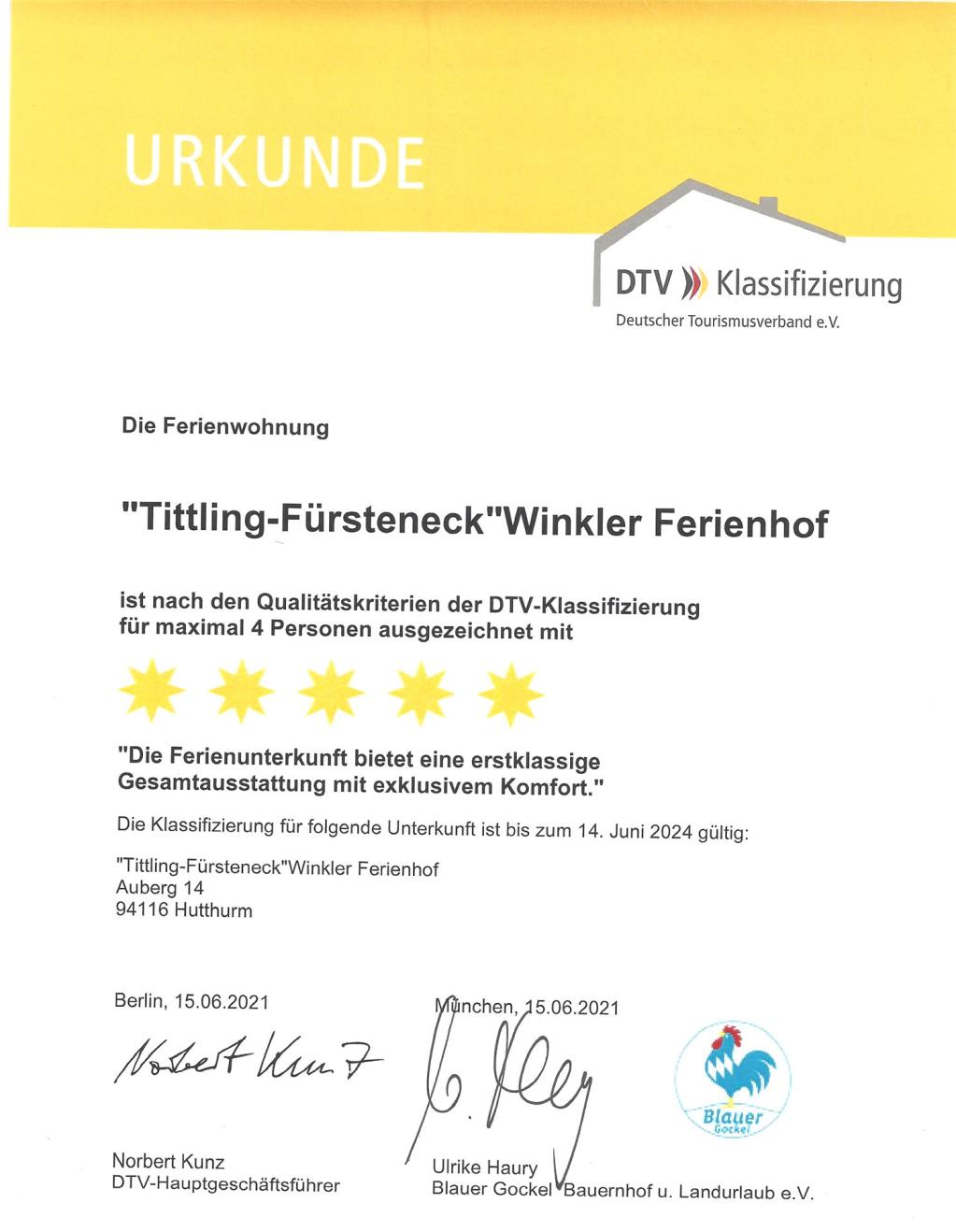 DTV Klassifizierung 5 Sterne Fewo Tittling-Fürsteneck